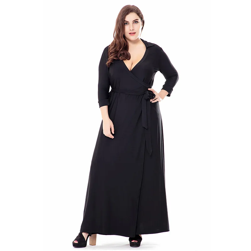 

2019 autumn woman new Elegant black Straight plus size dress Solid V-Neck Ankle-Length fat mm dress long party Big Size dresses