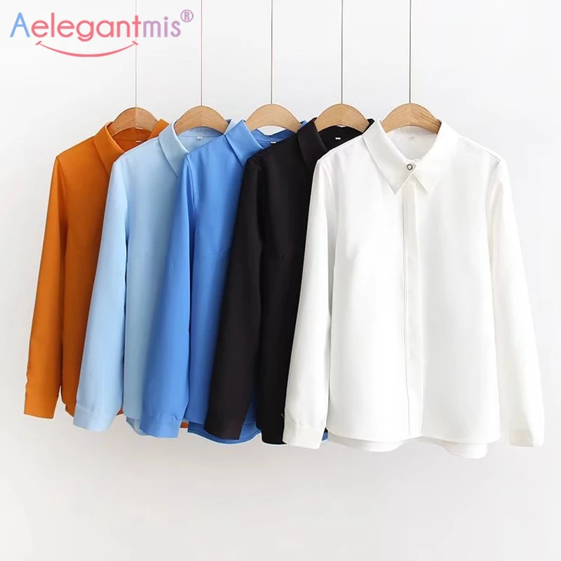 

Aelegantmis Top Quality Chiffon Blouse Women Comfortable Summer Blouses Ladies Casual Tops Female Solid Long Sleeve Simple Shirt