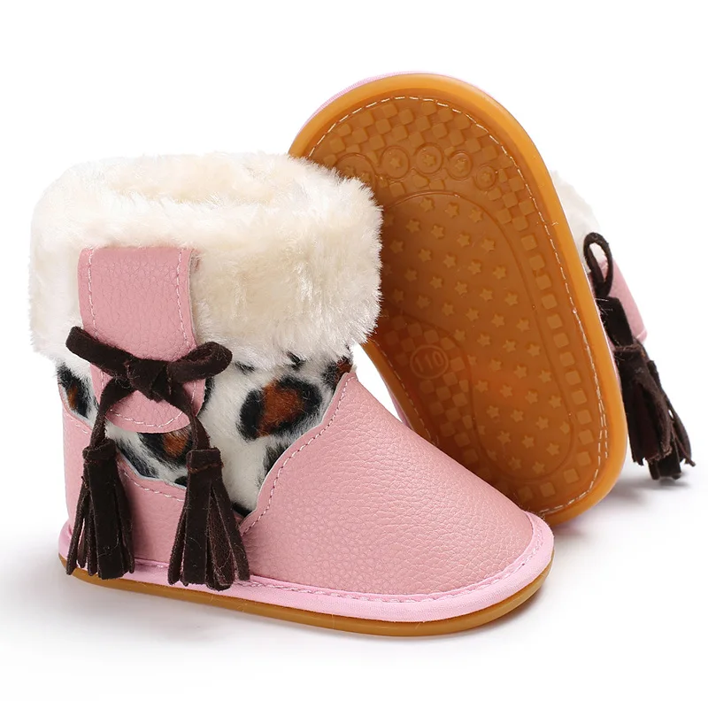 2020 hiver en peluche neige bottes pour bébé garçons filles léopard PU cuir gland bébé chaussures fond dur garder chaud chaussons