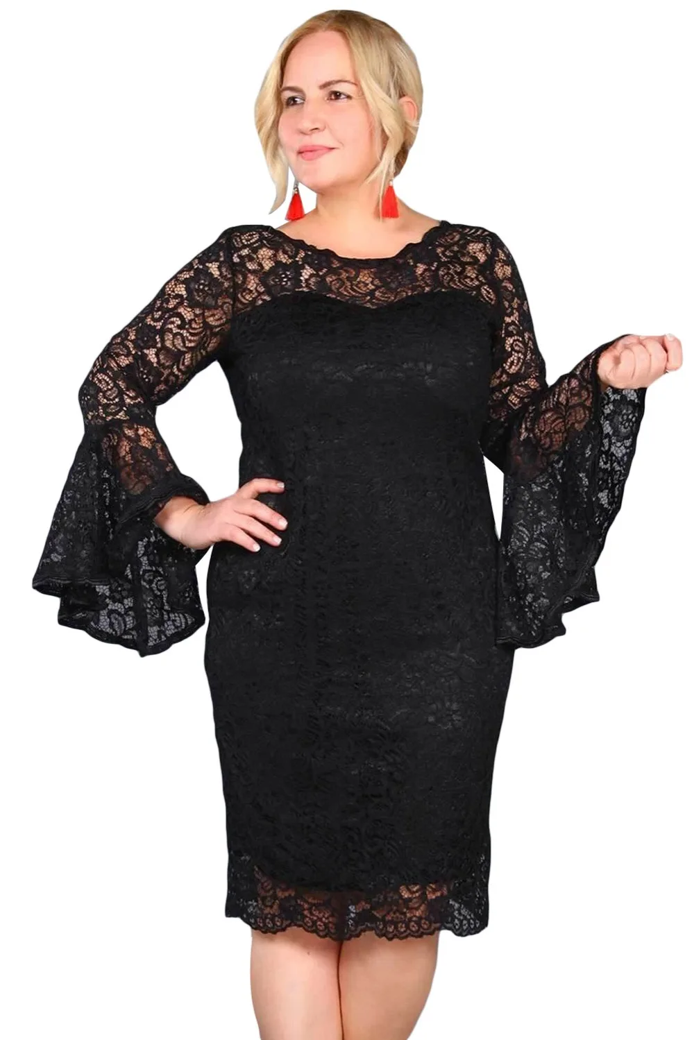 Black-Plus-Size-Flared-Sleeve-Lace-Dress-LC610501-2-1