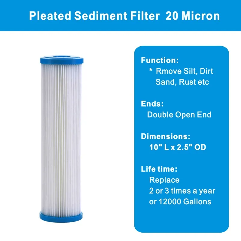 2,5x10 дюймов совместимые плиссированные Сменные картриджи для фильтра воды, 20 микрон, фильтрация осадков грязи