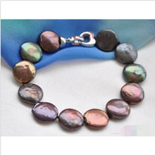 P4027 " 14 мм черный монет пресной воды перл braceletNoble стиль естественно прекрасно jewe быстрая
