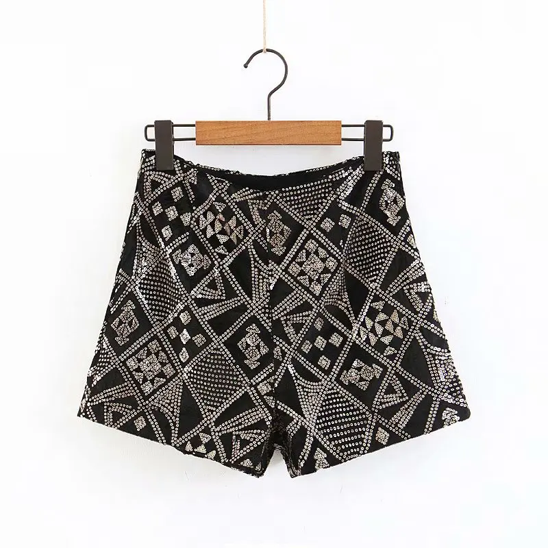 

women sequined embroidery geometric pattern velvet Shorts ladies casual hot chic high waist short pants pantalones cortos P210