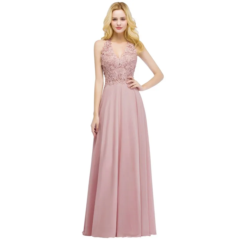 Бордовое шифоновое длинное платье подружки невесты с v-образным вырезом, без рукавов, с аппликацией, свадебное платье, vestido madrinha - Цвет: Dusty Pink