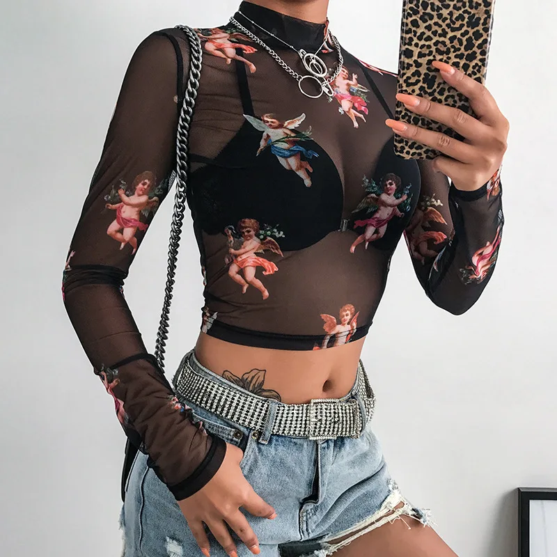 

Half High Collar Woman T Shirt Thin Slim Tshirt Long Sleeve Angle Print Mesh Dew Navel Exposed Female Streetwear Gothic Top Tee