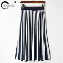 ORDEESON Длинная женская трикотажная юбка миди юбка в полоску плиссированная корейская модная одежда юбка с высокой талией Лето стиль черный