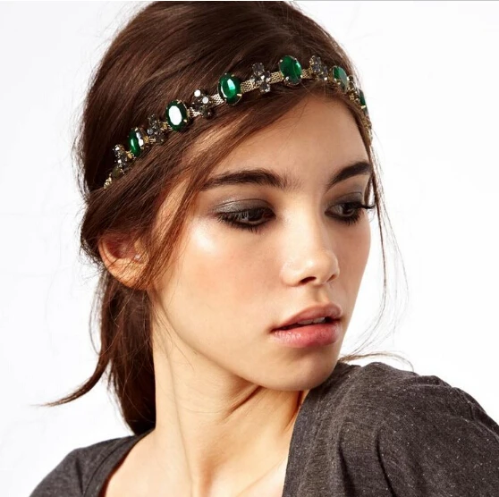 

Hot Sale Bright Emeral Crystal hair jewelry Women Adjustable Headbands Fashion Forehead Jewelry Decorations for Hair