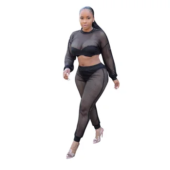 

Two Piece Sets Short Tee Crop Tops and Long Pants 2020 Women Gauze Mesh See Through Long Sleeve Sexy Beach Tracksuit Club Outfit