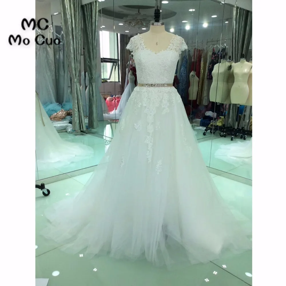 

Elegant 2018 New Bridal Gowns Robe de mariage Cap Sleeve Wedding Dresses Appliques Lace Ribbons vestido de noiva Wedding Dress