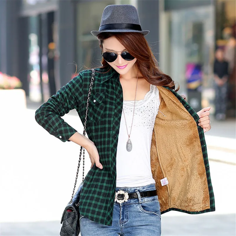 low cost 2019 New Winter Warm Women Velvet Thicker Jacket Plaid Shirt Style Coat Female College Style Casual