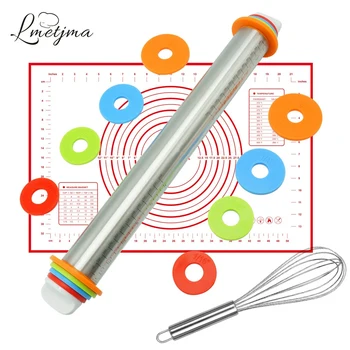 

LMETJMA Rolling Pin Set 17inch Adjustable Rolling Pin With Dough Rolling Mat Nonstick Dough Roller For Dumplings Pizza KC0198