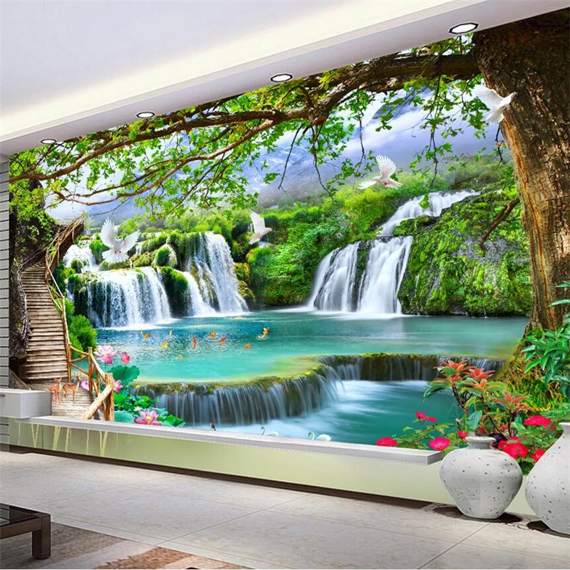 

wellyu Simple Leisure Green Tree Forest Waterfall Landscape Tooling Wall Custom Large Mural Wallpaper papel de parede mural