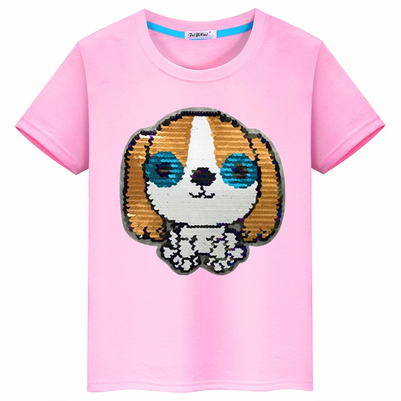 

2019 summer new cartoon dog children's clothing cloth sewing Sequin sewing cotton T-shirt boys and girls clothing