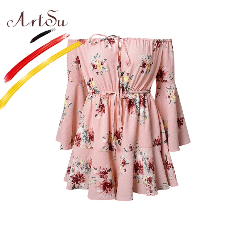 ArtSu Boho Цветочный Принт Короткие Комбинезоны женские с открытыми плечами