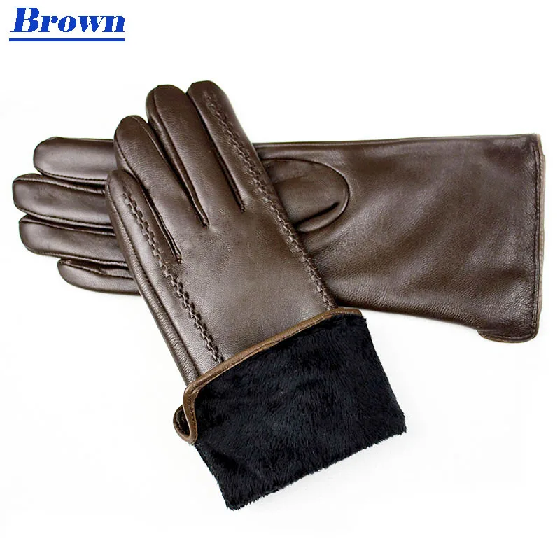 Leather gloves women's sheepskin gloves long stripe style plus velvet warm autumn and winter windproof gloves free shipping