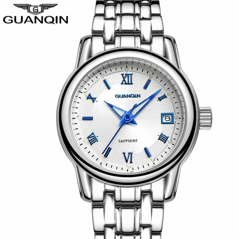 Кварцевые часы, женские часы, люксовый бренд, оригианл, GUANQIN, светящиеся, водонепроницаемые, сапфировые, наручные часы, кварцевые женские часы - Цвет: White blue