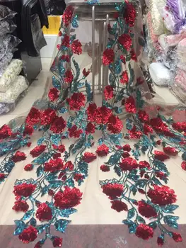 

2019 3 D Flowers Embroidered African Cord Laces Fabrics With Sequins High Quality Nigerian lace fabric For France lace party