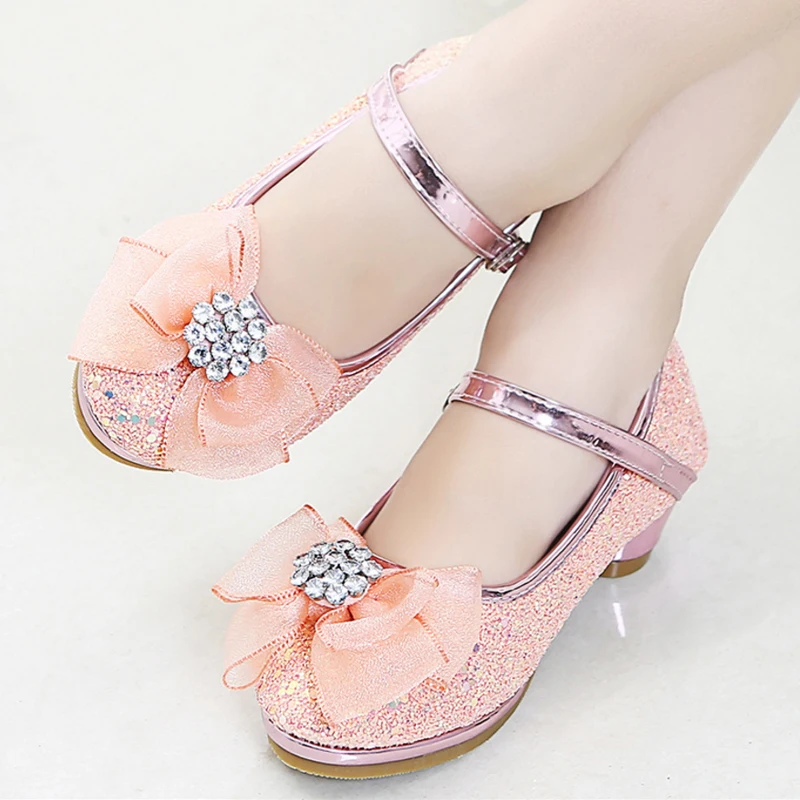 

IYEAL Girls Party Leather Shoes With Bow Princess Girl Glitter Sequins High Heel Shoes For Kids Single Dance Dress Shoe 5 Colors
