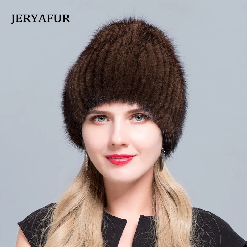 JERYAFUR зимняя женская модная Лыжная шапка из меха норки, Зимний пуловер, шапка с искусственными бриллиантами, декоративная меховая шапка