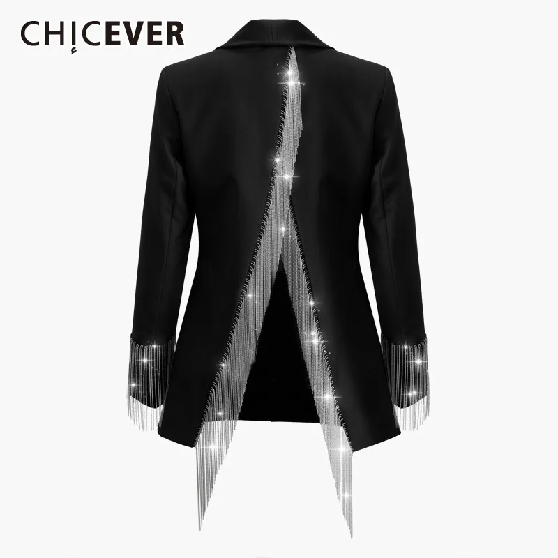 

CHICEVER Casual Patchwork Tassel Black Coats Female Long Sleeve Lapel Collar Button Backless Irregular Coat Women 2019 Tide New