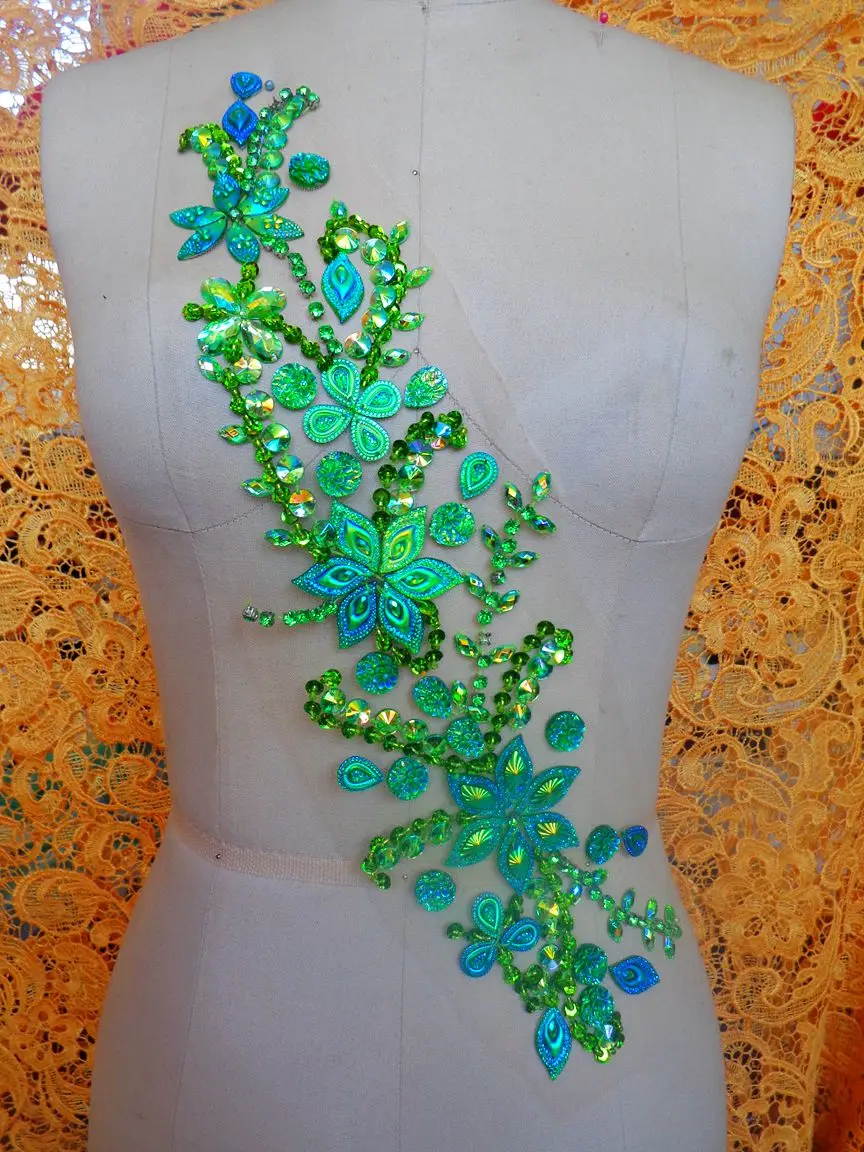 A201 Handmade crystal trim patches sew on green Rhinestones applique