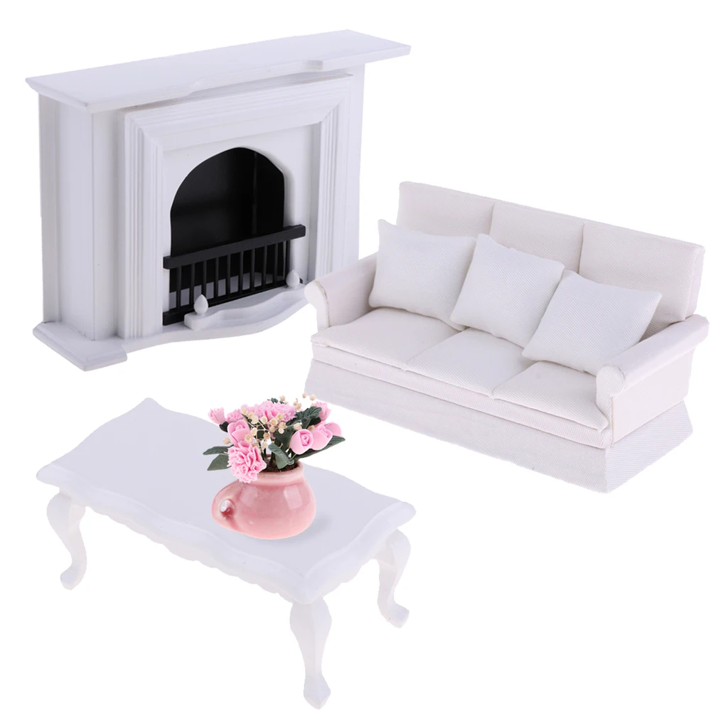 

Modern Wood Miniature Wooden Fireplace End Table Three-seat Couch Sofa Pillow Miniature Furniture Set for 1:12 Dollhouse White