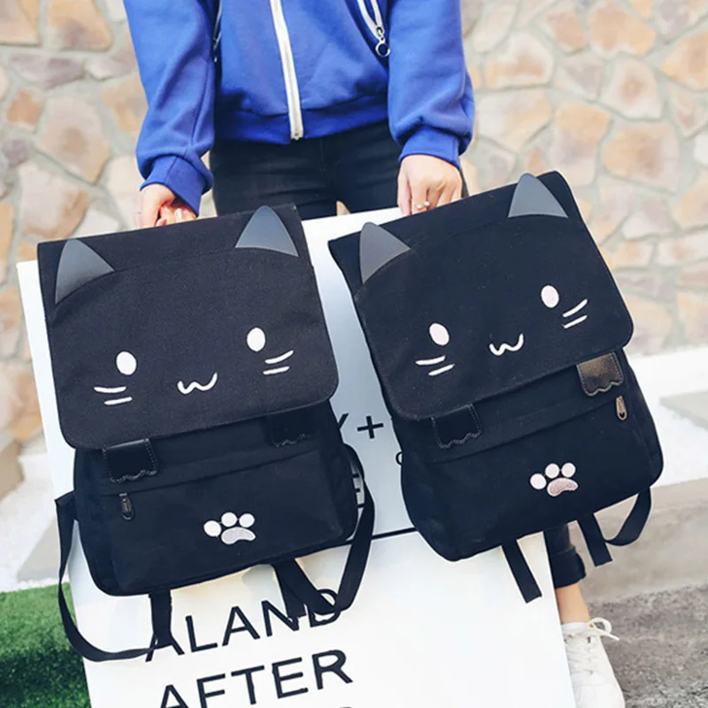 Women Cute Cat Backpack Canvas Girl School Backpacks Kawaii Cartoon Large Capacity Student Rucksack Lovely Casual Mochila BP0200 (17)