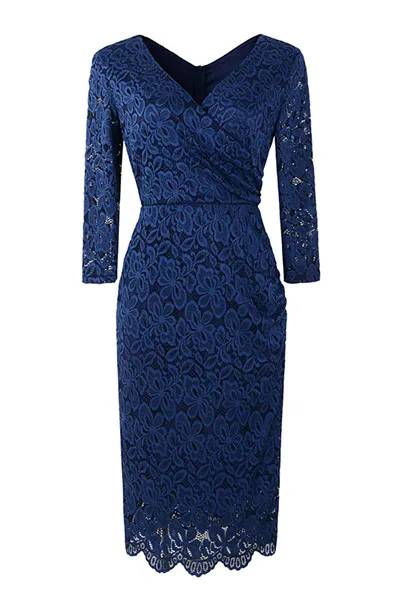 Элегантное бордовое кружевное короткое вечернее платье с цветочным рисунком, v-образный вырез, половина рукава, трапециевидные вечерние платья, robe de soiree - Цвет: Navy Blue