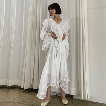 

[LANMREM] 2020 summer new sweet Ruffle shawl large collar tier Lantern Sleeve loose high waist girl clothing trend women dress