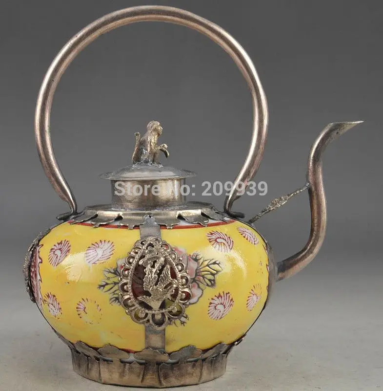 

huij 006546 Porcelain Copper Chinese Collectable Handwork Old Dragon Phoenix Armored Tea Pot (A0321)