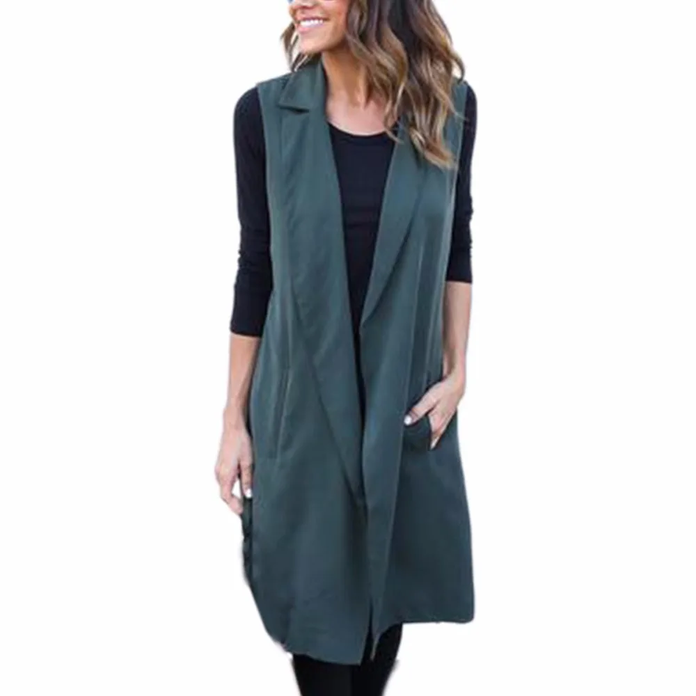 Women Fashion Autumn Sleeveless Cardigan Long section Vest Coat Warm