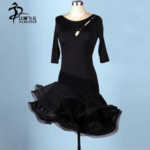 Adult Girl hollow Latin Dance Dress Salsa rope sexy Tango Ballroom Group Dance costume for femme half sleeve black dresses