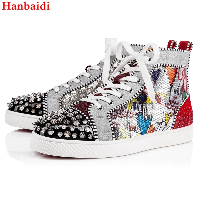 

Hanbaidi Mixed Color Rhinestone Mens Casual Shoes Fashion Printed Rivets Studed Mens loafers Runway High Top Lace Up Mens Shoes