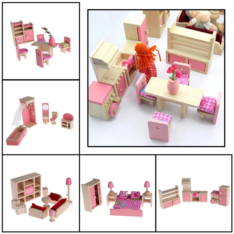 1Set Wooden Furniture Dolls House Miniature 6 Room Set Doll Furniture Toys Gift For Children Kid