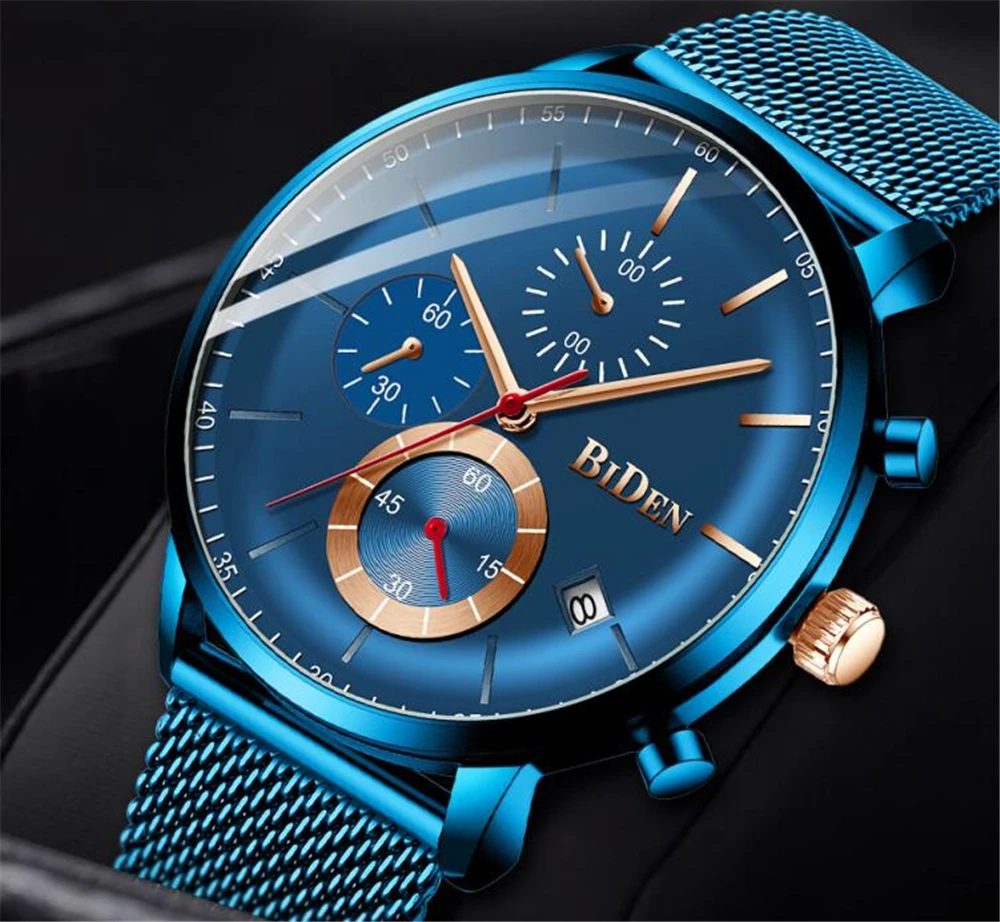 

BIDEN Watches Men 2019 Blue Luxury Quartz Steel Mens Watches Chronograph Clock Watch Luxury Mens Wrist watch relogios masculino