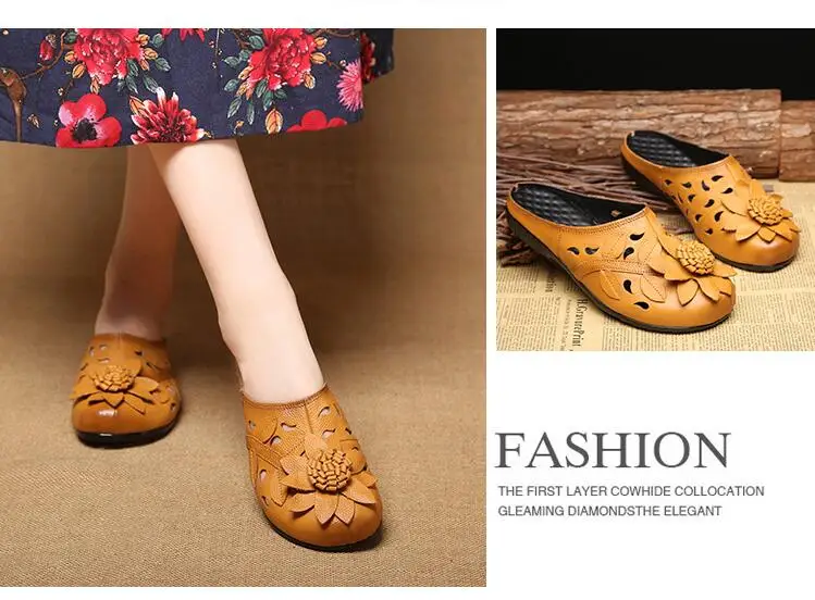 GKTINOO/обувь на плоской подошве из натуральной кожи; женские сандалии; шлепанцы; Летняя женская обувь с закрытым носком; шлепанцы ручной работы с цветочным узором