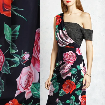 

108CM Wide 19MM Pink Red Rose Print 93% Silk & 7% Spandex Stretch Black Silk Satin Fabric for Dress Cheongsam Pants B163