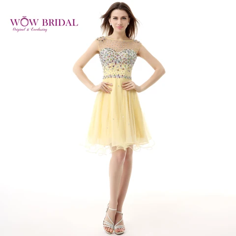 Curto do Regresso a Casa Vestidos de Cristais Vestidos de Formatura Wowbridal Amarelo Nova Zipper Voltar Alta Júnior Bonito Oitava Série Sh0009 2020