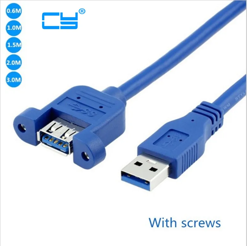 

USB 3.0 Male to Female Extension Cable with Panel Mount Screw hole lock connector adapter cord for computer (With screws) Blue