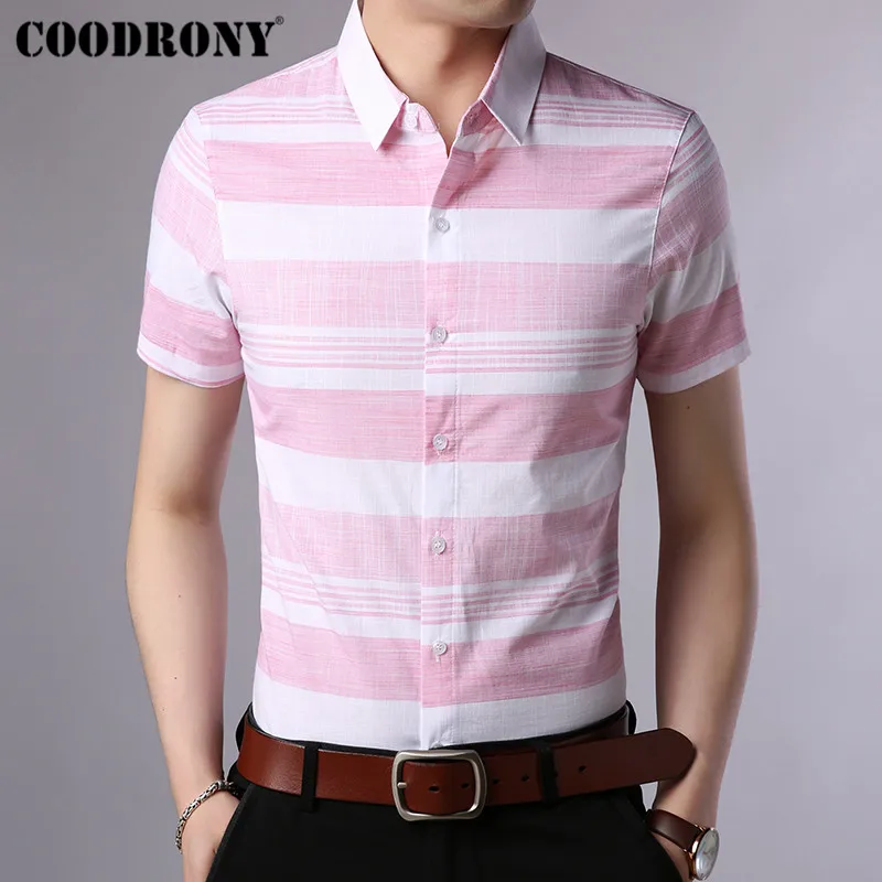 Розовый COODRONY, хлопок, крутая Летняя мужская рубашка с коротким рукавом, модная полосатая деловая Повседневная рубашка, Camisa Masculina S96008 - Цвет: Розовый