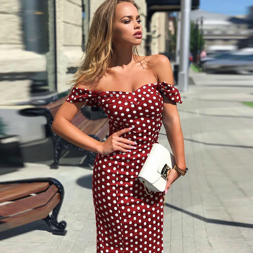 

Dress Women's Sexy Off Shoulder Dot Printed Bodycon Evening Party Short Dress Summer Style Wine Dresses Elegant Vestidos