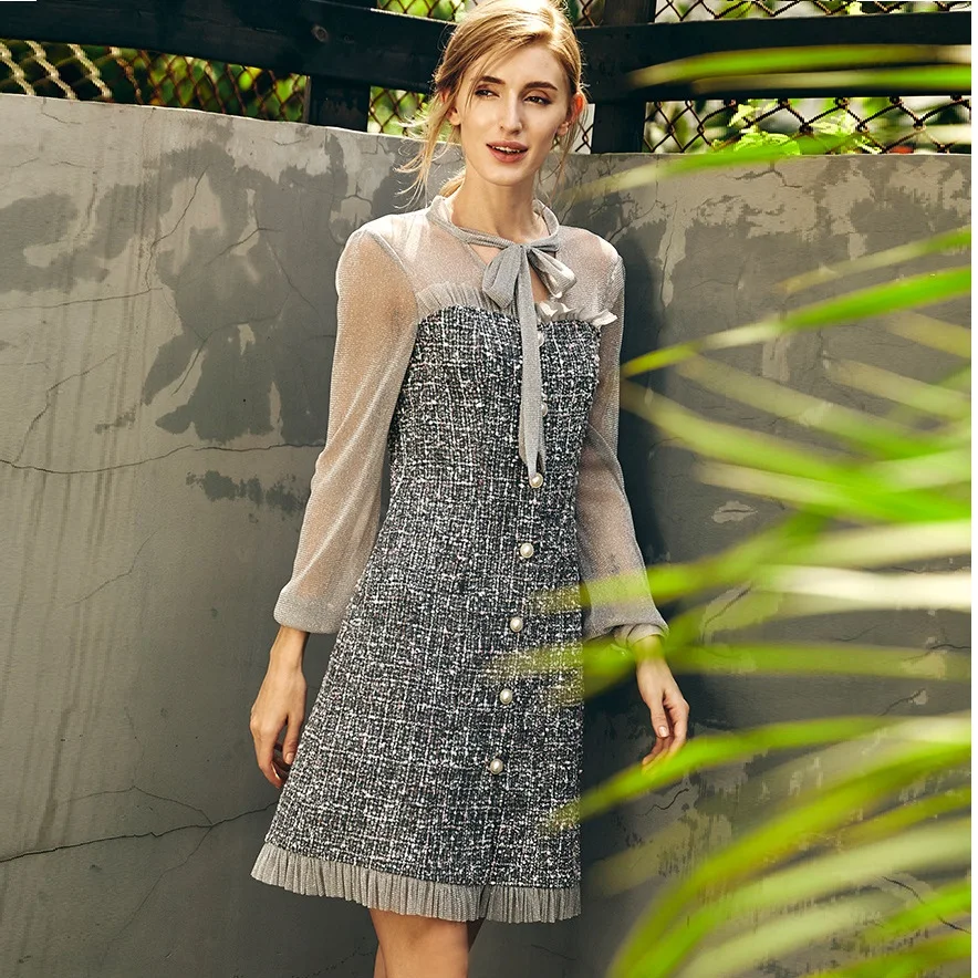 

2019Autumn Ladies Plus Size elegant ruffled Dress bow collar single breasted mesh patchwork beautiful party Dress vestidos L-5XL