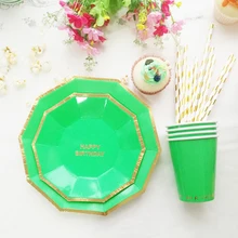 С днем рождения набор посуды из 16 тарелок 8 чашка 20 полосы из золотистой фольги соломинки для детей 1 день рождения украшения бумажная посуда зеленый