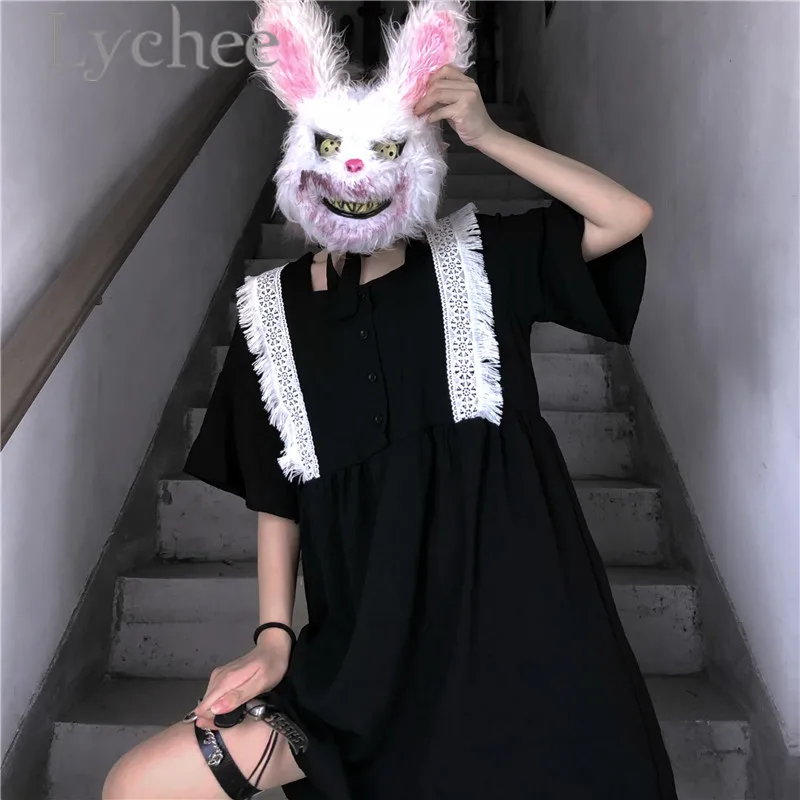 Lychee Harajuku однотонное женское платье на шнуровке пэчворк вырез лодочкой свободное