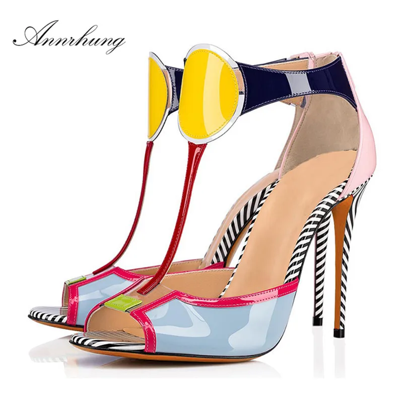 

Bright Candy Color Mixed Sandals Women Sexy Peep Toe With Zebra-pattern Thin Heel Summer Shoes Back Zip Stilettos Women