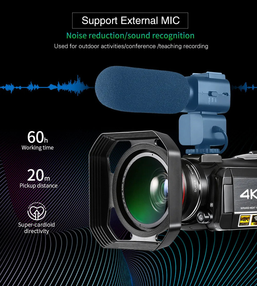 Видеокамера ORDRO AC3 4K Ultra HD 60FPS с внешним микрофоном Wi Fi широкоугольным объективом и