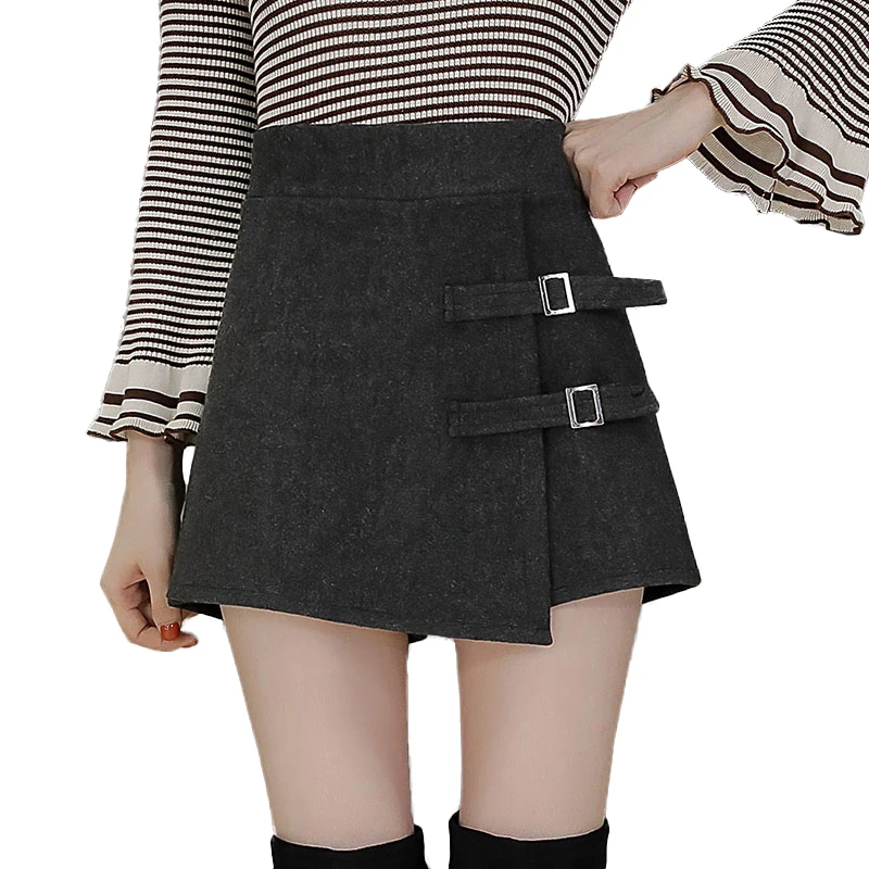 

2019 High Waist Wool Shorts Women Autumn Winter Button Skirt Shorts Ladies Plus Size Asymmetrical Mini Shorts boots short femme