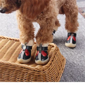 

4 PCS/set Trendy Winter Soft PU Leather Pet Small Dogs Snow Boots Dog Winter Warm Shoes Waterproof and Warm Keeping Snow Boots