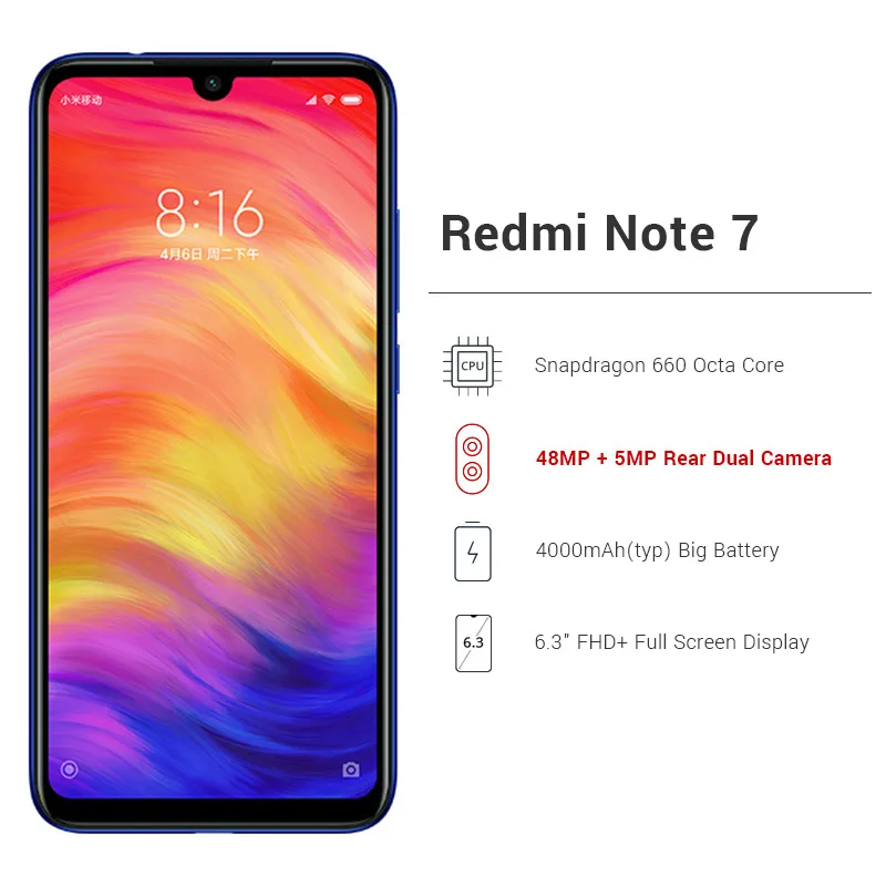 Xiaomi Redmi Note 7 с глобальной версией, 4 Гб, 128 ГБ, Смартфон Snapdragon 660, четыре ядра, 48 Мп+ 5 МП, двойная камера, 6,3 дюйма, полный экран, 4000 мАч