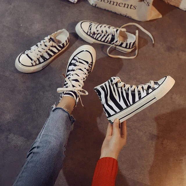 

Women's Canvas Shoes Zebra Print Sneakers Woman Wild High-top Walking Shoes Girl Casual Shoes Vulcanize Shoes Zapatillas Mujer